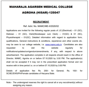 Agroha Medical College Recruitment 2020